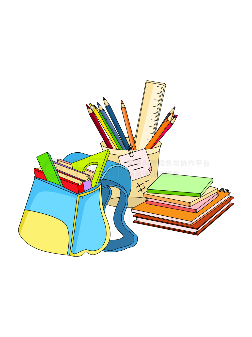 開(kāi)學(xué)季卡通插畫(huà)孟菲斯辦公學(xué)習(xí)學(xué)生文具用品